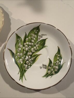 White Porcelain Saucer with Green Lily of the Valley Design and Gold Trim
